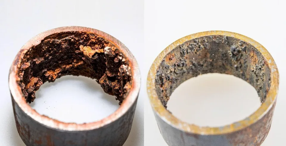 Röryta med korrosion före och efter tre månaders drift med PipeJet